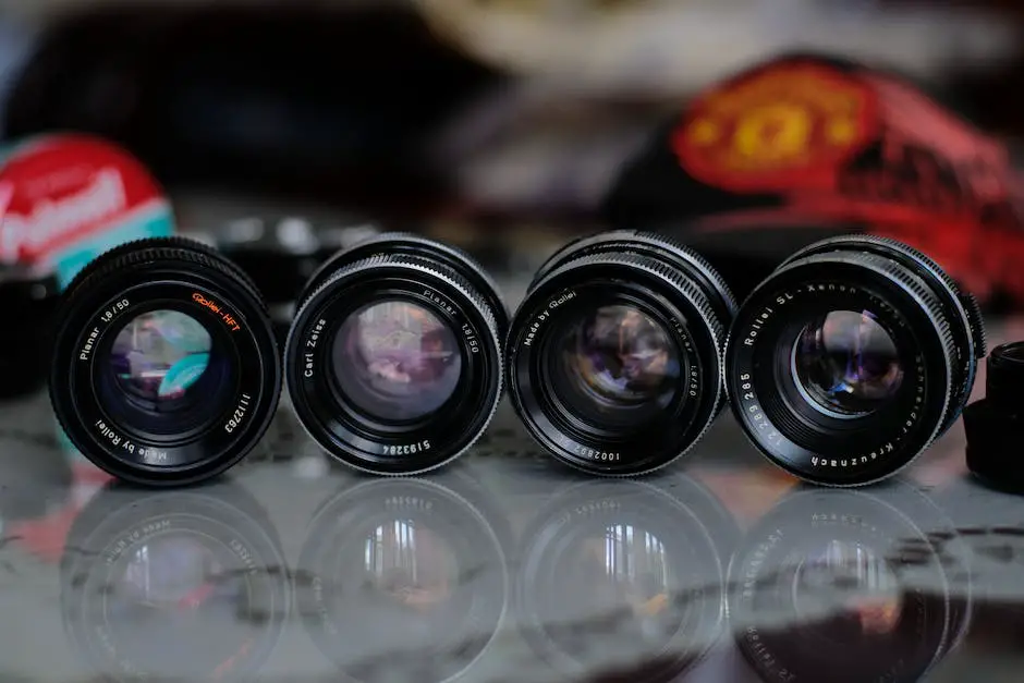 An image showing the evolution of 35mm lenses, from the past to the present and the future, with a variety of lens prototypes and technology advancements.