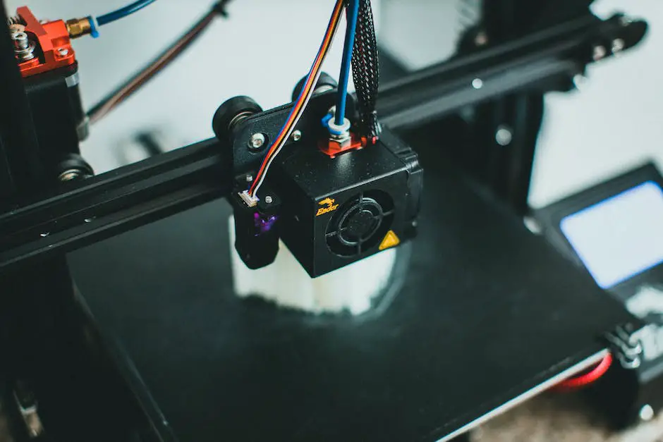 An image depicting a 3D printer in operation, building a complex object layer by layer