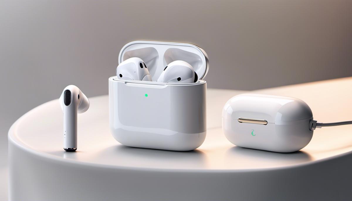 Image of AirPods and their charging case connected to a power source