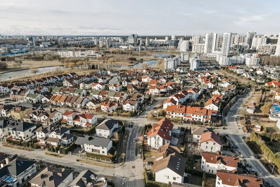 An image of a DJI drone capturing a bird's-eye view of a residential area, highlighting various neighborhood facilities and landmarks.