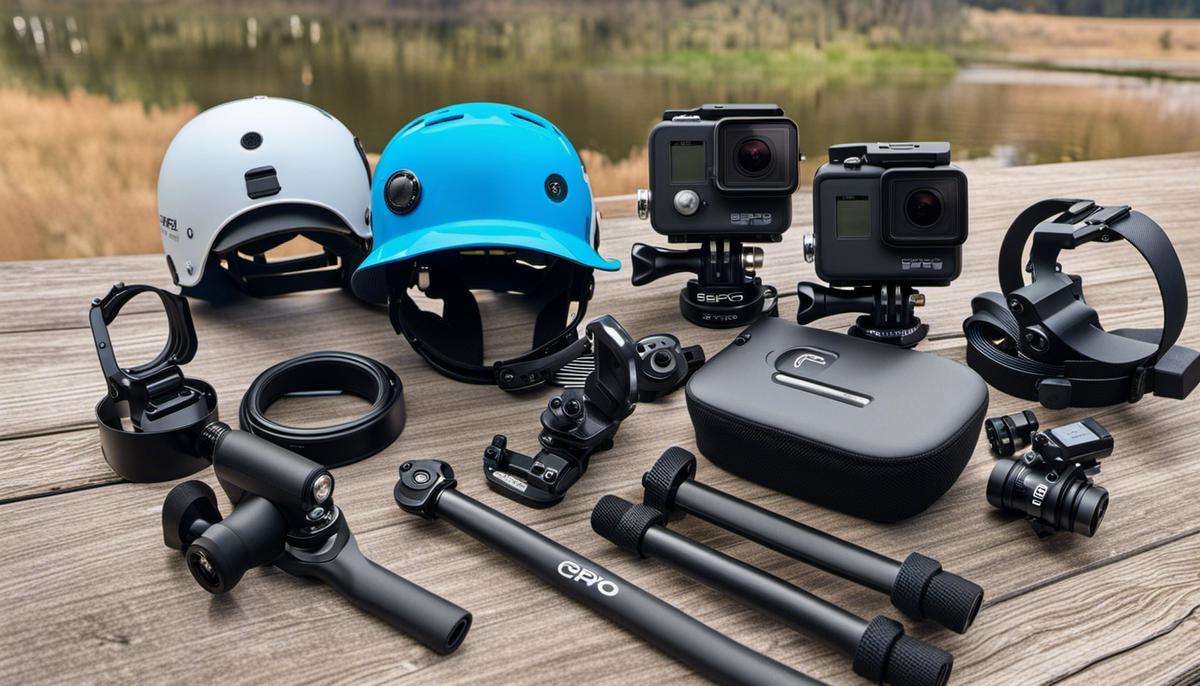 A close-up image of different types of GoPro mounts, including helmet, handlebar, chest, and suction mounts.