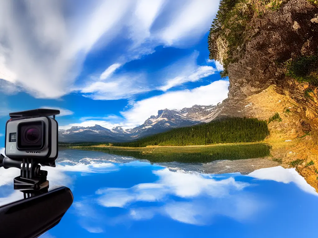Example of a person taking a low-angle shot of a mountain landscape with a GoPro mounted on a tripod. The shot displays the Rule of Thirds and captures the mountain's grandeur.