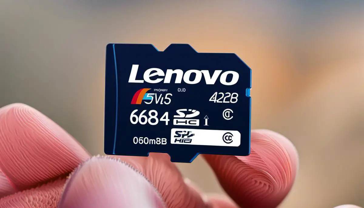 A close-up image of a Lenovo memory card with the Lenovo logo and a description of the card's durability and performance.