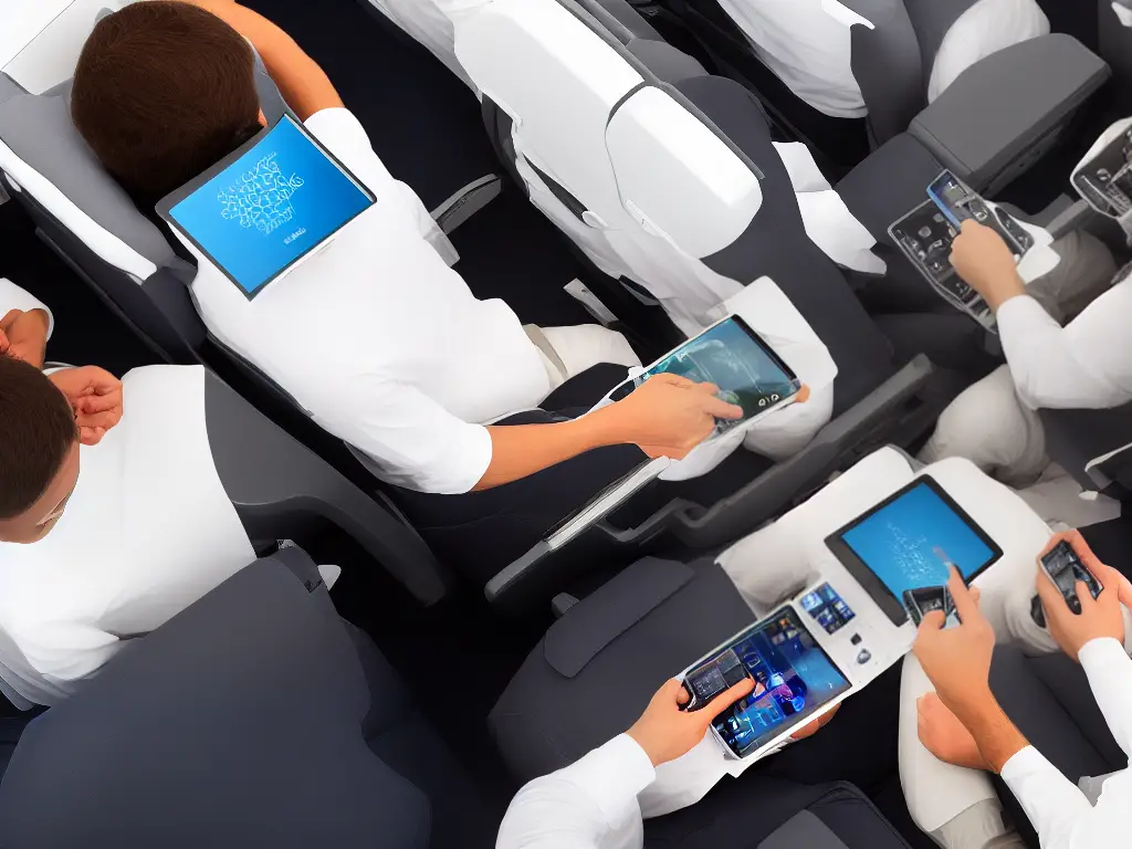 An overhead view of an airplane cabin with passengers using electronic devices in airplane mode.