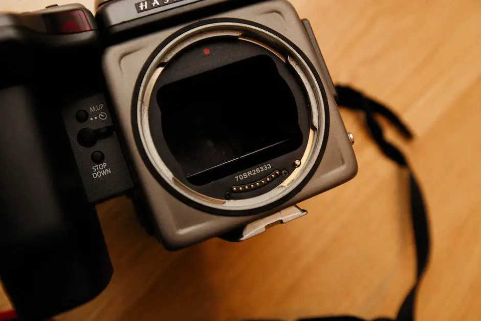 A close-up shot of a big camera lens attached to a camera body