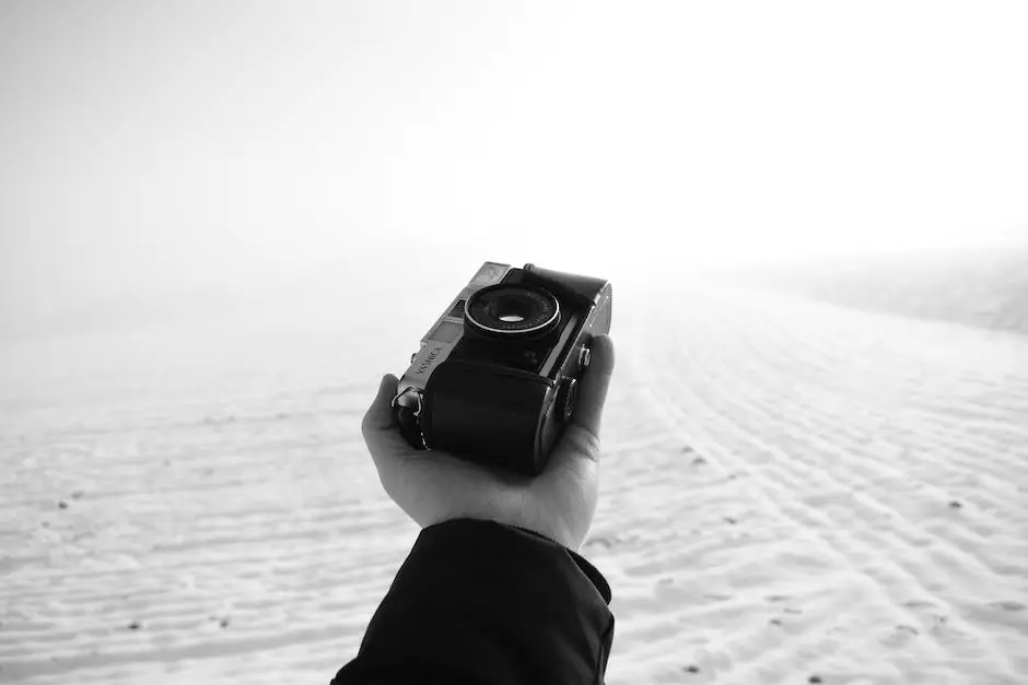 A black and white image of a photographer holding a camera, capturing a landscape with dramatic lighting and shadows.