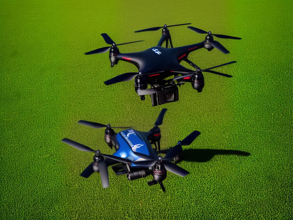 A black quadcopter drone with a camera on a gimbal underneath it flying over a field with blue sky and clouds in the background.