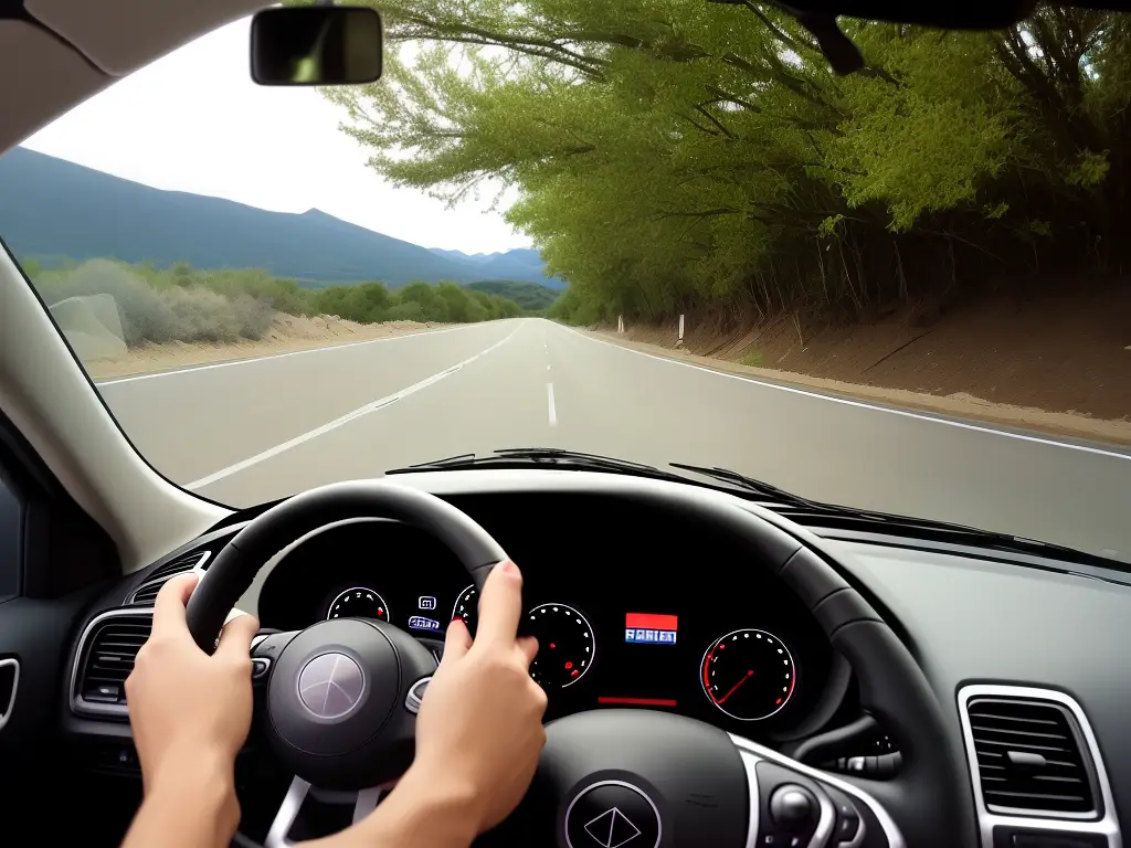 A GoPro dash cam mounted on a car's windshield, showing the view of the road ahead.