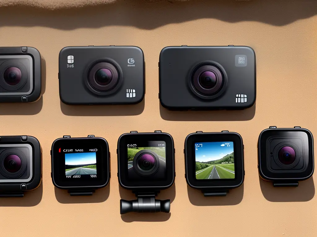 An image showing four different GoPro dash cams side by side from left to right with a brief description of their respective features. Each camera is represented by its name, display size, video resolution, field of view and additional features which include waterproof, WiFi, and touch screen.