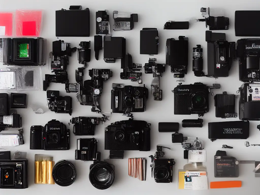 A photograph of all the equipment needed to develop film from point and shoot cameras, including a developing tank, film reels, scissors, chemicals, gloves, thermometer, and more.
