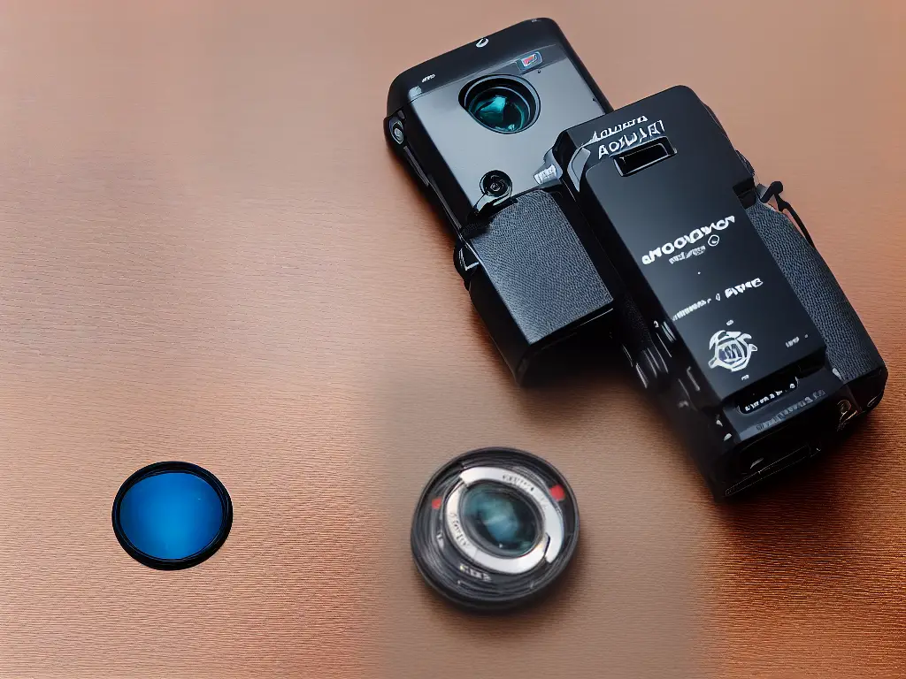 A picture of a disposable camera from the front with its lens and shutter button visible.