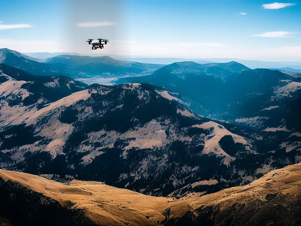 A black and white DJI drone flying in the sky with mountains in the background.