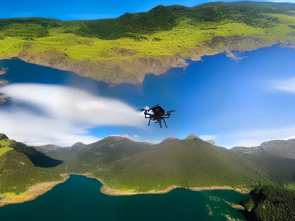 An image of a person holding a DJI drone controller and wearing VR goggles while flying a drone over a scenic landscape.
