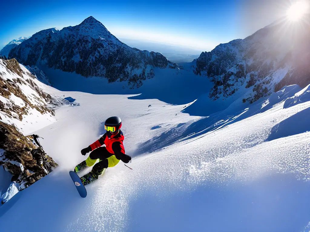 An adventurer snowboarding down a mountain with a GoPro camera attached to their helmet, capturing an exciting and immersive perspective of the ride.