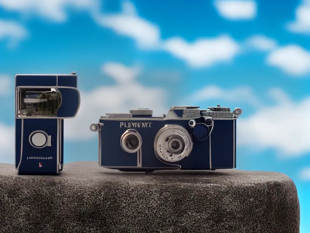 Illustration of a vintage point and shoot film camera with a circular flash on top, against the background of a blue sky and white clouds