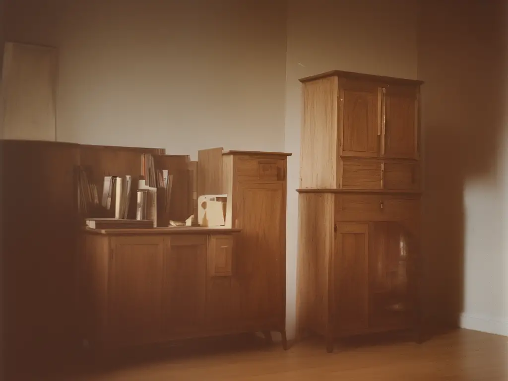 An image of a closed wooden cabinet with a vintage film camera stored inside.