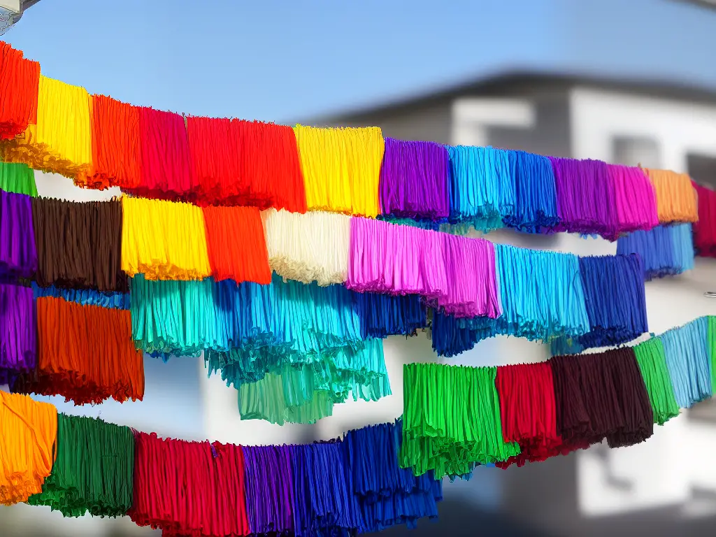 A photo of a reel of film hanging on a drying rack with clips, basking in the sunlight from a large window. The film is full of vibrant colors and shades.