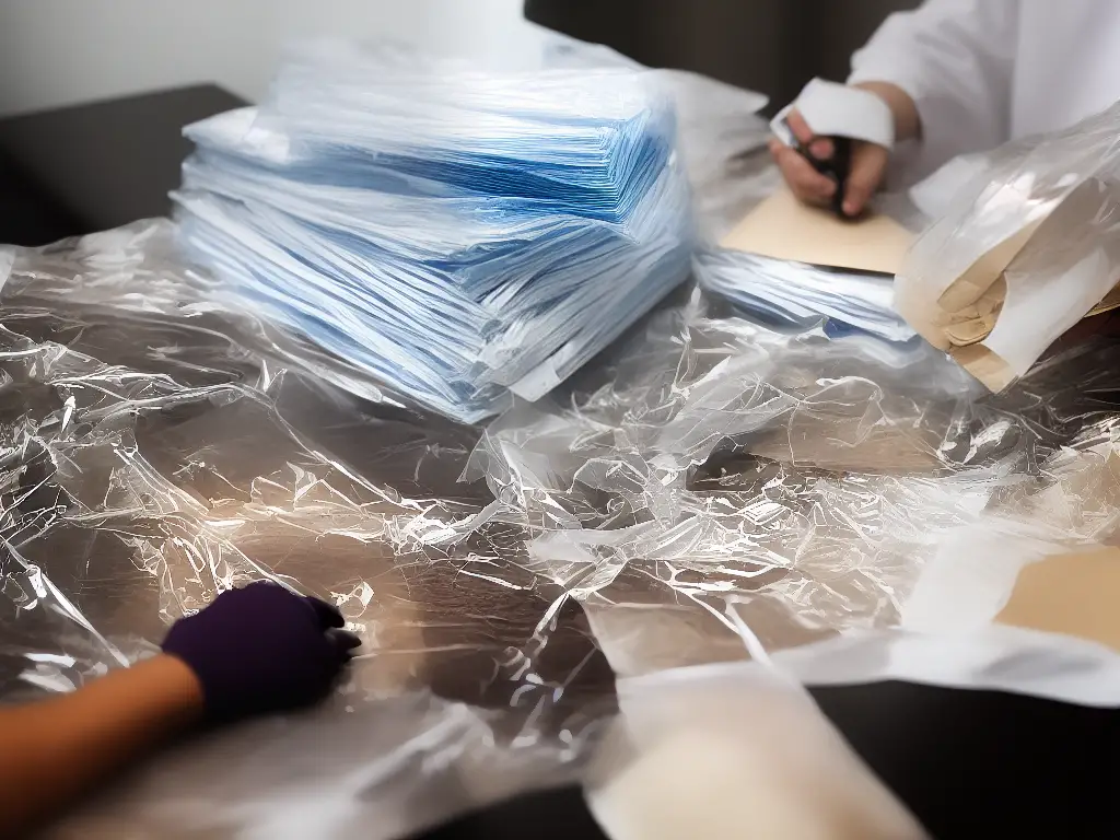 An image of a person wearing cotton gloves, holding a strip of film negatives with an archival sleeve and plastic sheet for added protection beside them on a table.