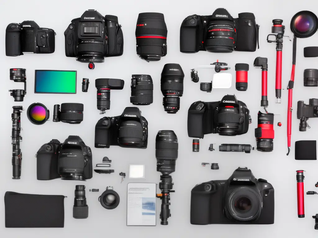 A photographer's bag with different types of lens filters, a tripod, and a flash unit inside.