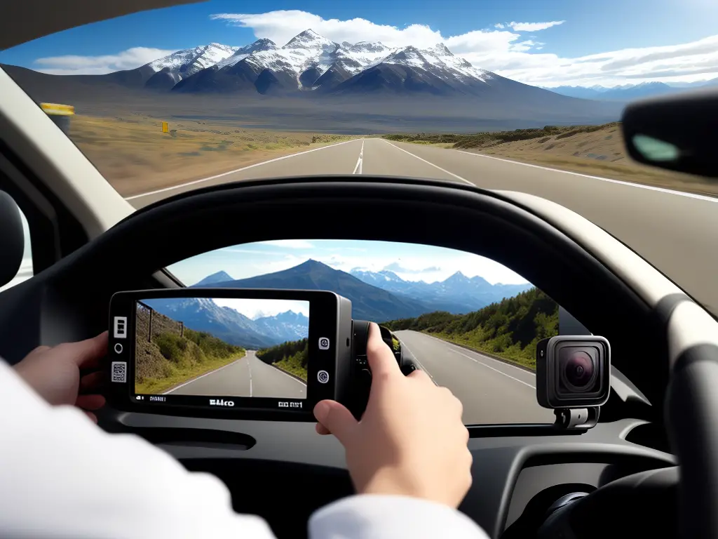 A person holding a GoPro dash cam while driving a car with a mountain view in the background.