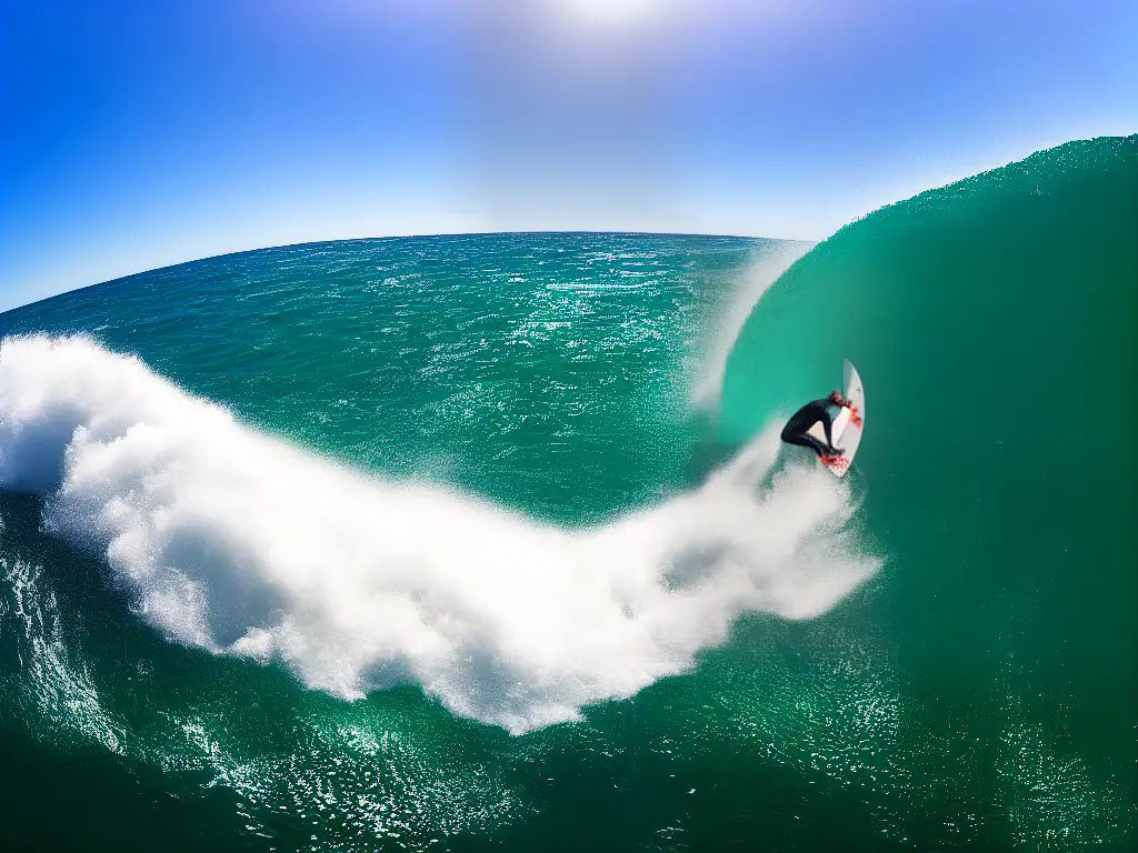 An example image taken using GoPro Hero 11 of a person surfing a massive wave.