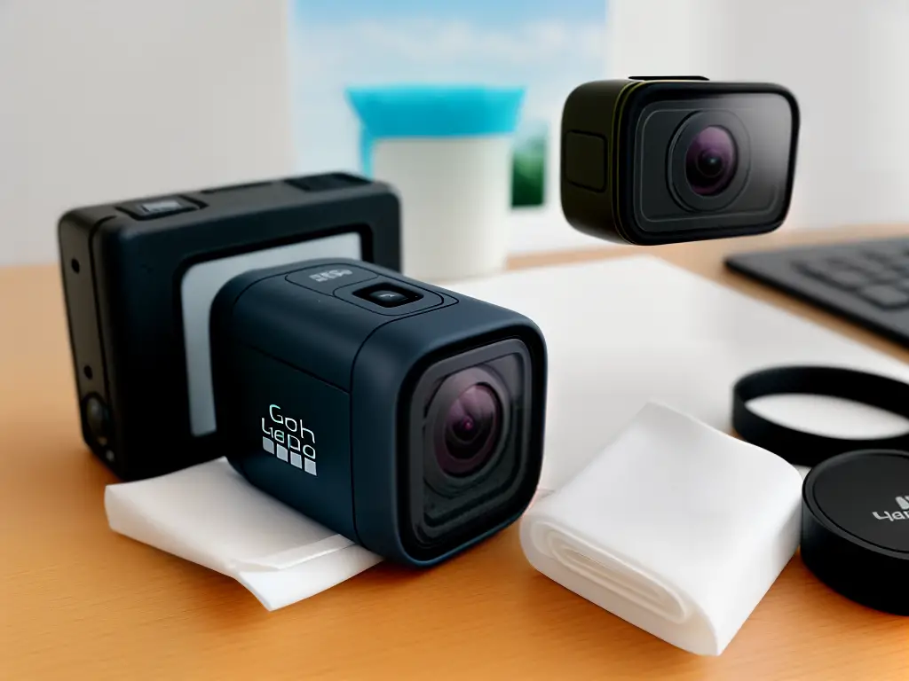 An image of a GoPro dash cam sitting on a desk with a cloth and lens cleaning tissue nearby.