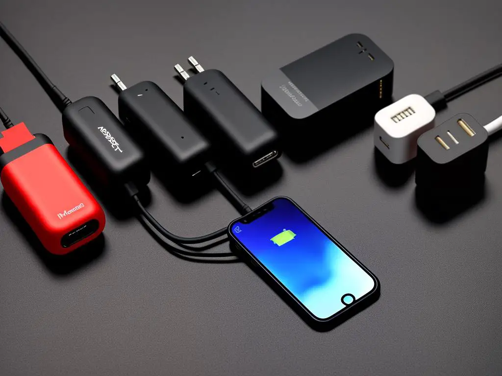 Image of different iPhone charge adapters lined up, depicting the variety of options available for charging an iPhone.