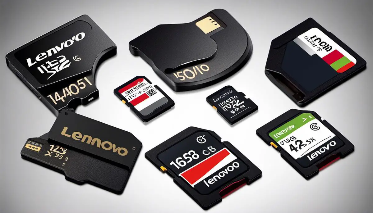 Image of Lenovo memory cards with different capacities and sizes for various devices.