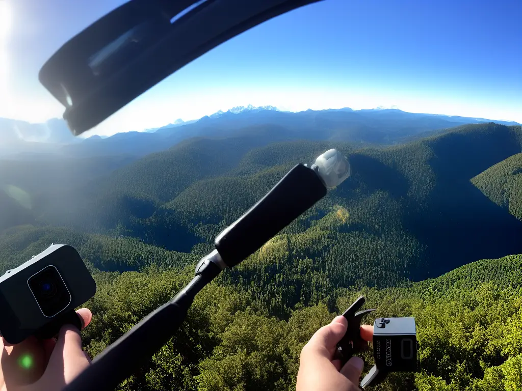 Illustration of a GoPro Hero 11 mounted using a suction cup on a car window, capturing the view of a scenic mountain landscape.