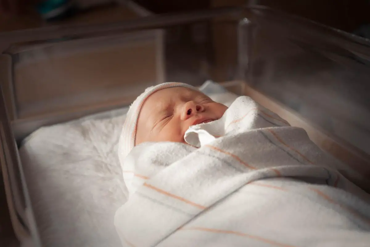 A newborn baby wrapped in a soft blanket, captured in a photograph.