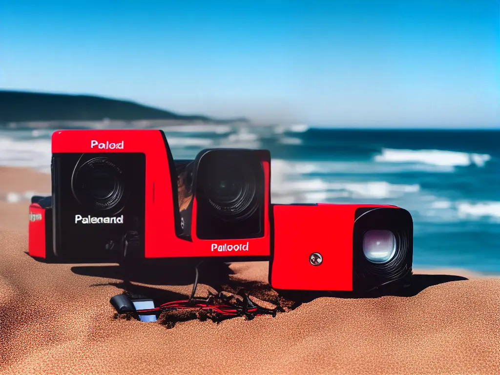 A Polaroid camera with a red leather case lying on a beach towel with the ocean in the background.