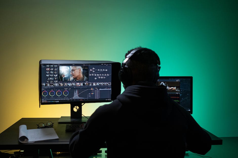 A person sitting in front of a computer, editing a video.