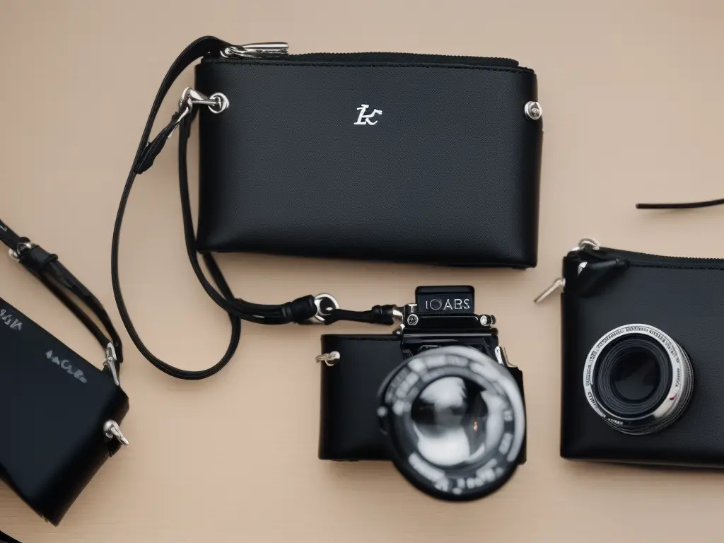 A pocket-sized black camera with silver detailing and black leather strap.